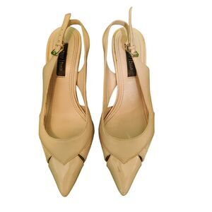 White House Black Market Patent Leather Slingback Kitten Pumps Heels Beige Sz 8